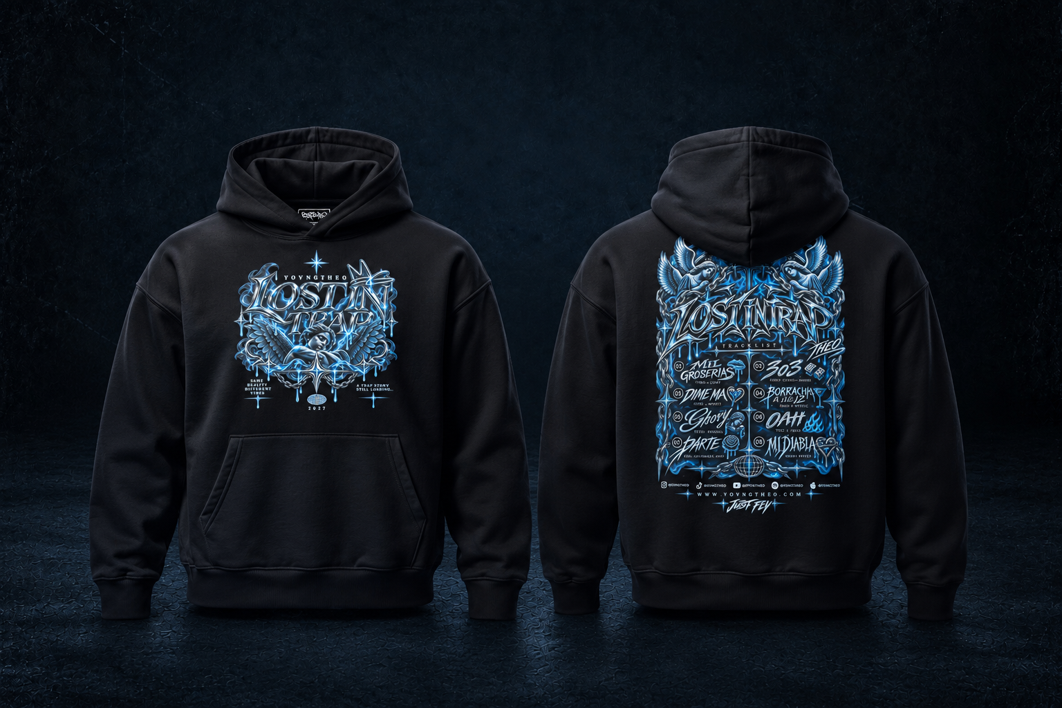 YOVNGTHEO Lost In Trap Hoodie — vista frontal y trasera